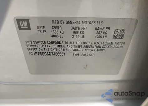 2012 Chevrolet Cruze 1Lt z USA, uszkodzony, nr VIN 1G1PF5SC6C7406631